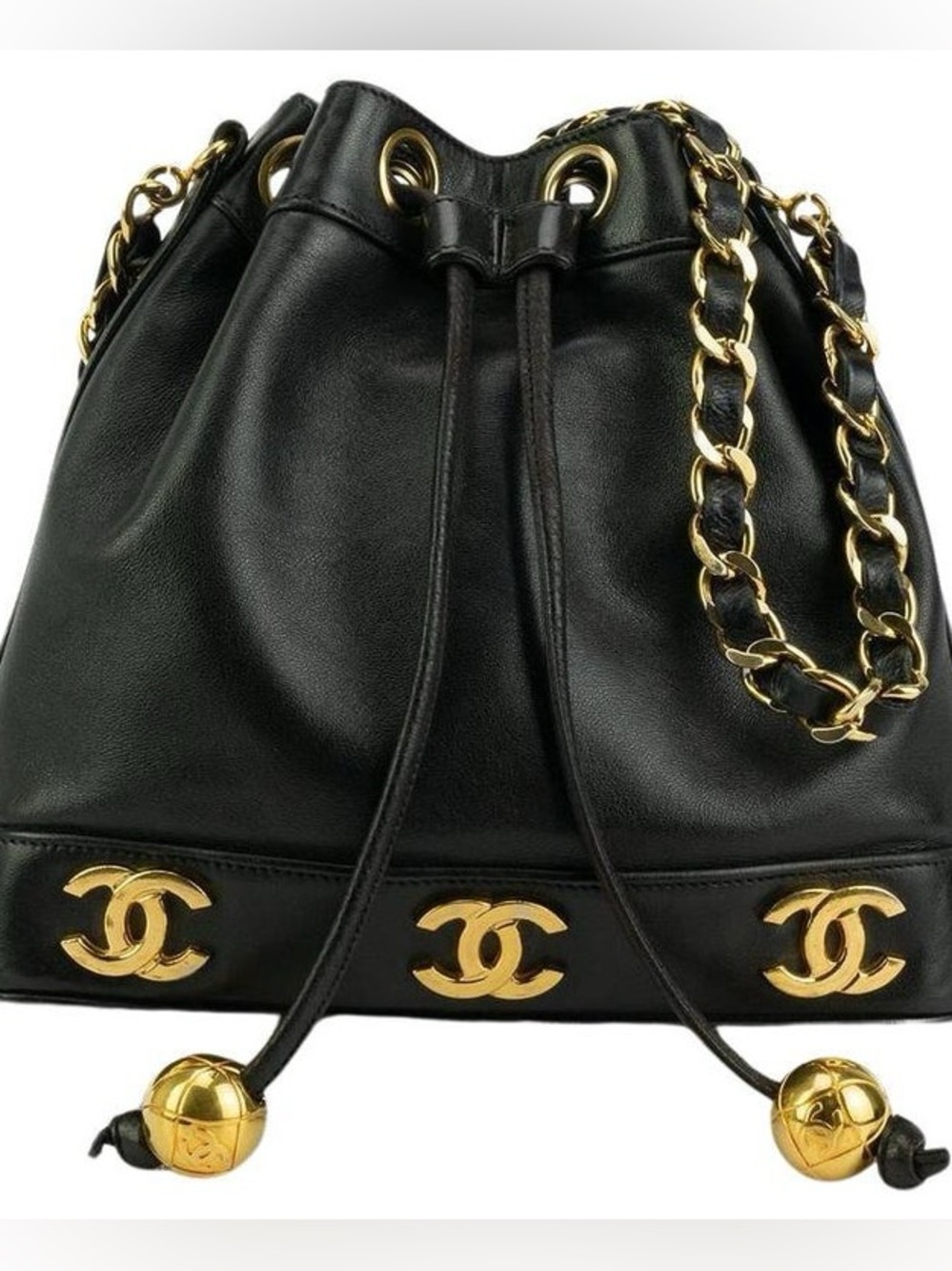 Vintage Chanel Triple CC Black Leather Drawstring Bucket Bag w/ Gold Accents